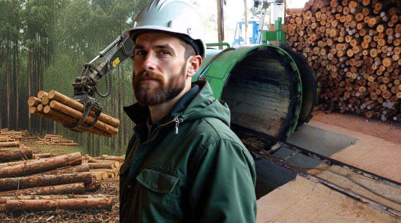 foto produtor rural engenheiro floresta grua garra maquina florestal eucalipto usina tratamento autoclave eucatratus eucalipto tratado